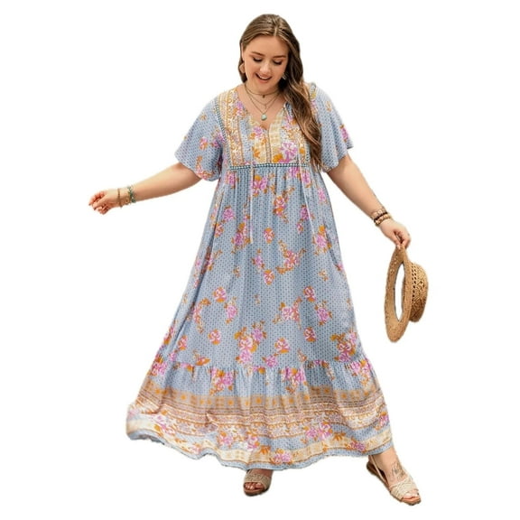 Women's Plus Size Printed Tie Neck Flutter Sleeve Maxi Dress 100% Viscose Elegant Comfort For All Day Wear Everyday