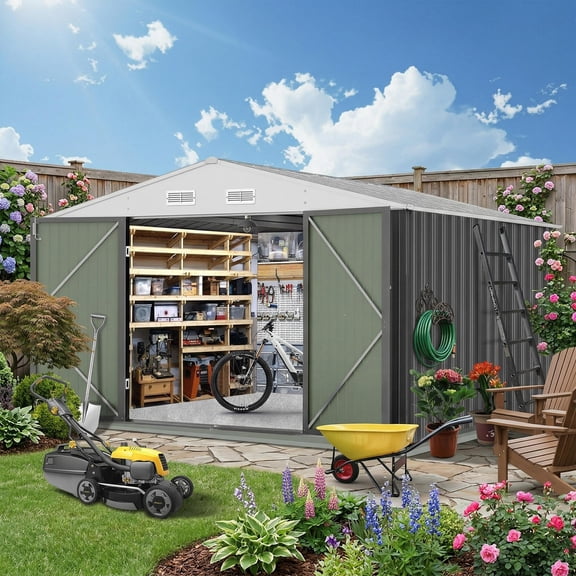 Lumiparty 12x10 FT Large Outdoor Storage Shed, Metal Garden Tool Shed, Weather-Resistant Storage House for Backyard, Patio, Lawn, Gray