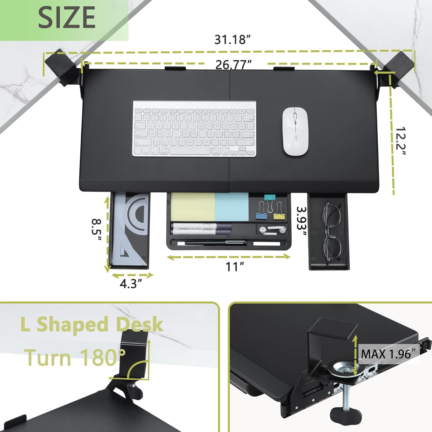 Ergonomic Corner Keyboard Tray Under Desk with 180 °   Adjustable C Clamp for L Shape Desk 26.77" X 12.2" Easy to Install Computer Keyboard Stand for Home and Office Black