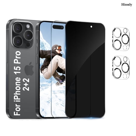 [2+2 Pack]For iphone 15 Pro Screen Protector, HD and Privacy Tempered Glass Screen Protector with Camera Lens Protector[9H Hardness][3D Curved][Anti-Privacy]for 15 Pro