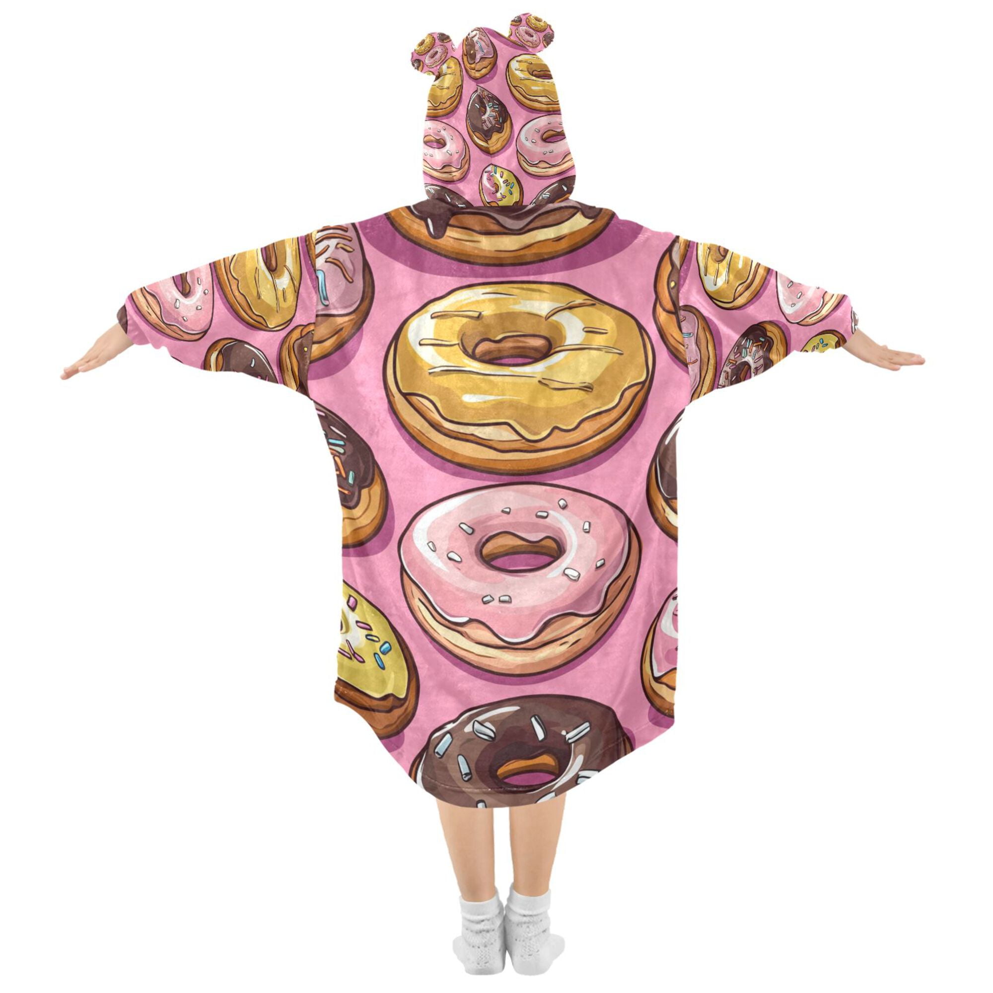 FORMRS Wearable Blanket Hoodie with Sleeves for Kids Cozy Flannel Sweatshirt, Cute Doughnuts Pattern