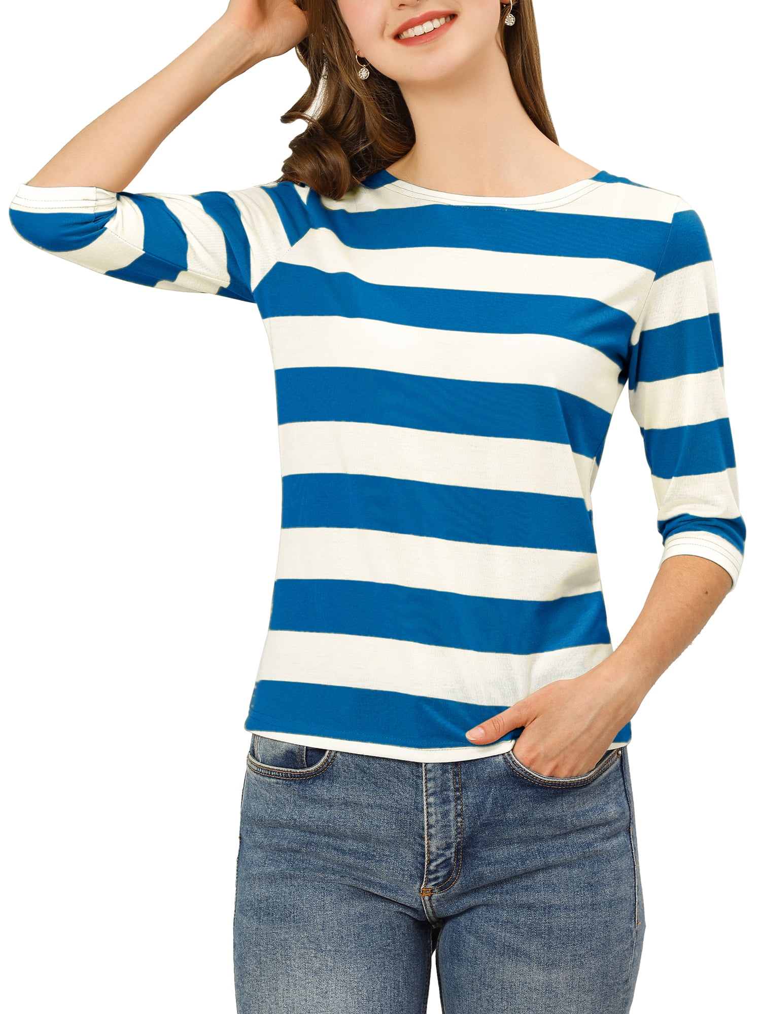 DARING DIVA Women's Halloween Costume Boat Neck Top T-Shirts M Blue White