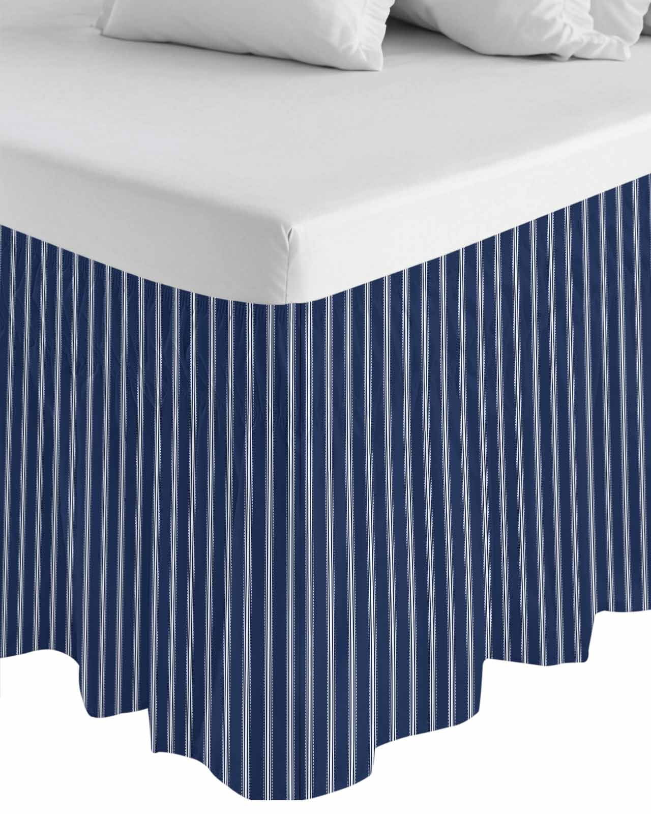 Navy Blue Striped Bed Skirt Queen Size, Navy Blue White Farmhouse Stripes Wrap Around Bed Skirting with Adjustable Elastic Strap, Dust Ruffle Pleated Bedskirts 18 Inch Drop for Bedroom Queen Beds