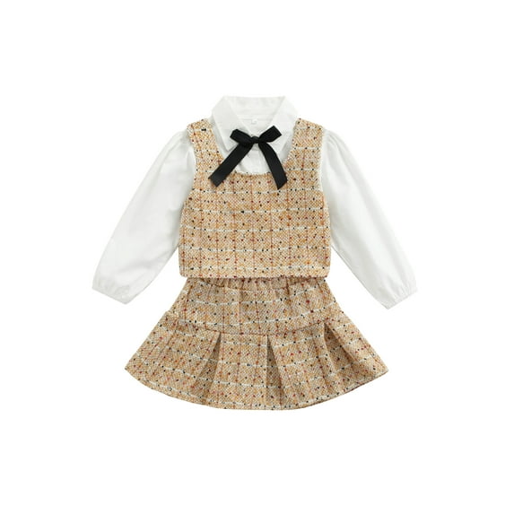 Toddler Girls 3Pcs Winter Clothes Long Sleeve Shirt Plaid Vest Elastic Waist Ruffle Plaid Skirt Set