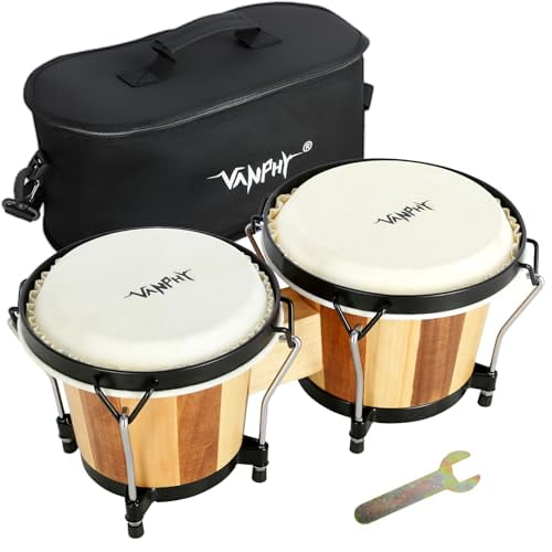 VANPHY Bongo Drum 6'' and 7'' Set for Adults Beginners Professionals Wooden Shell Bongos Percussion Bongos Drum with Bag Tuning W