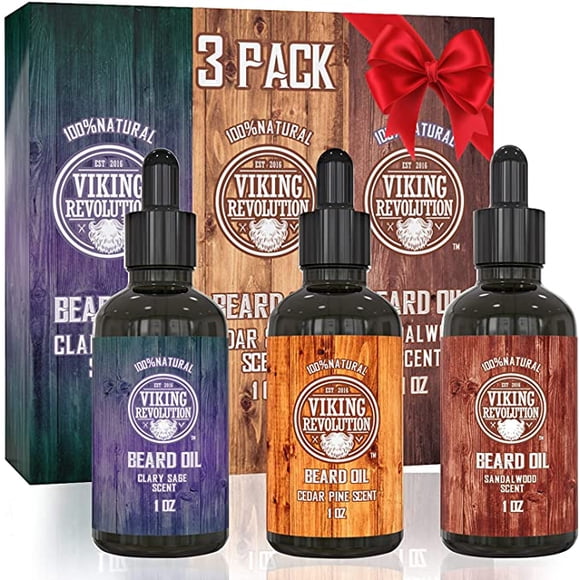 Revitalisant à l'Huile pour Barbe, Lot de 3 - Variété Entièrement Naturelle, Bois de Santal Unique, Pin et Cèdre, Sauge Sclarée, Conditionnant et Hydratant pour une Santé