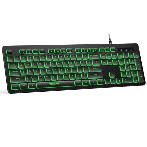 TECKNET Wired Keyboard,Silent USB Keyboard for Office,Spill-Resistant,Slim Full-Size Membrane Layout,Plug and Play for PC/Laptop/Mac-RGB Backlit