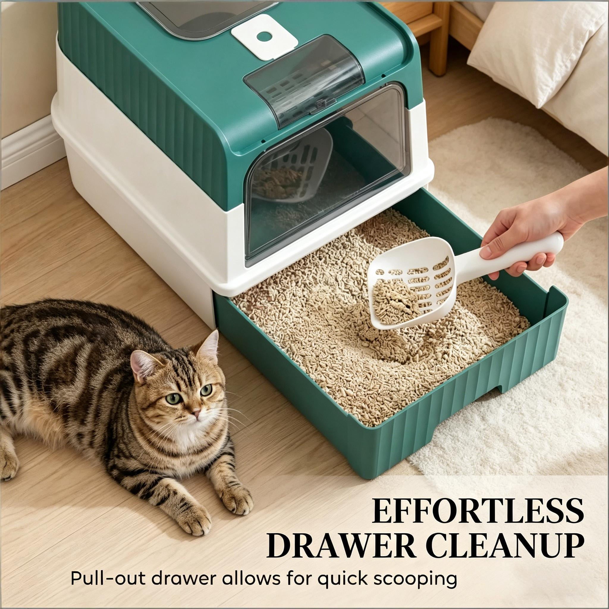 CQSXDA Fully Enclosed Compact Cat Litter Box for Effortless Clean Up - Ideal Pet Litter Solution for Small Spaces，Black,Teal,White