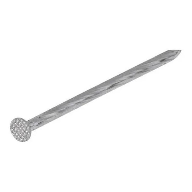 caja clavo concreto galvanizado 4' fiero 44836 fiero clcg-4g Caja con clavos galvanizados gris, clavo para concreto de 4 pulgadas con cabeza circular estriada y vástago retorcido en vista lateral sobre fondo blanco; caja con 25 kg de clavos; a menudo se usa para fijar elementos en mampostería.
