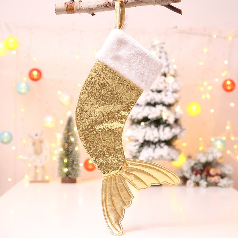 Mermaid Tail Christmas Stocking Glittery Sequin Hang Holiday Decor Gift Child S 