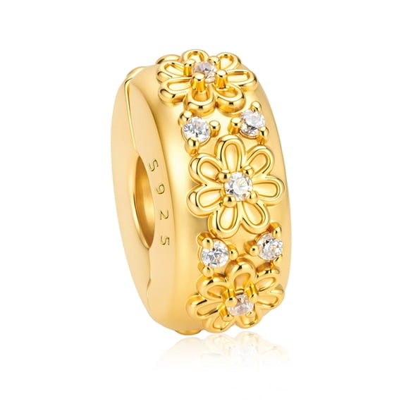 Gold Tone Floral Stopper Charm, S925 Sterling Silver Flower Spacer with Clear Zircon, Positioning Clip for Women’s Bracelets