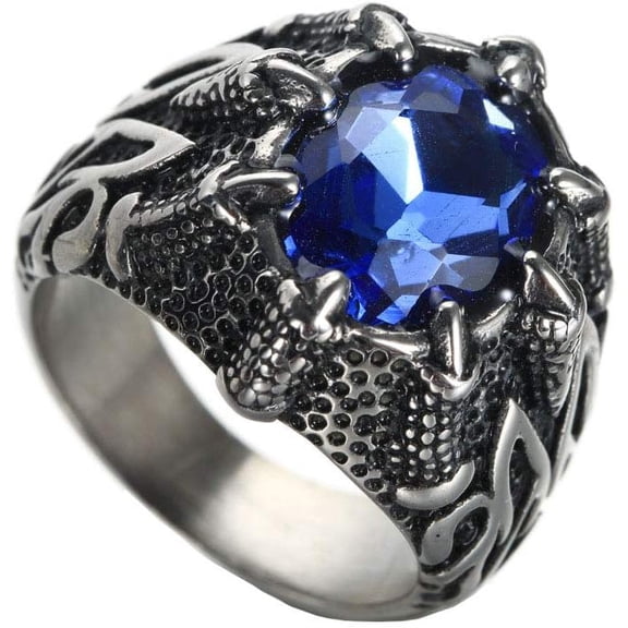 Jiaoiudi Mens Stainless Steel Dragon Claw Big Stone Rings Inlay | Vintage Gothic Biker Black Plated, Gemstone Inlay