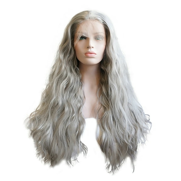 Unique Bargains Lace Front Wigs for Women 24" Gray Long Fluffy Curly Wavy with Wig Cap