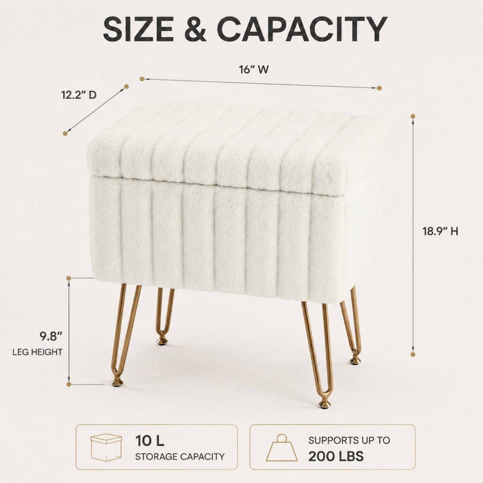 BEAUTYPEAK Vanity Stool with Storage Faux Fur Padded Makeup Ottoman with Gold Metal Legs and Adjustable Feet 18.9" Footstool, White