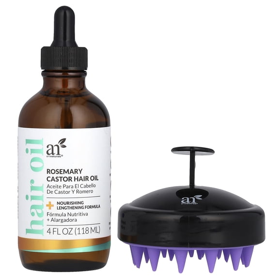 Artnaturals Organic Rosemary and Castor Hair Oil Set with Massager, 4 oz, with Coconut and Olive Oil for Dry Damaged Hair and Split Ends