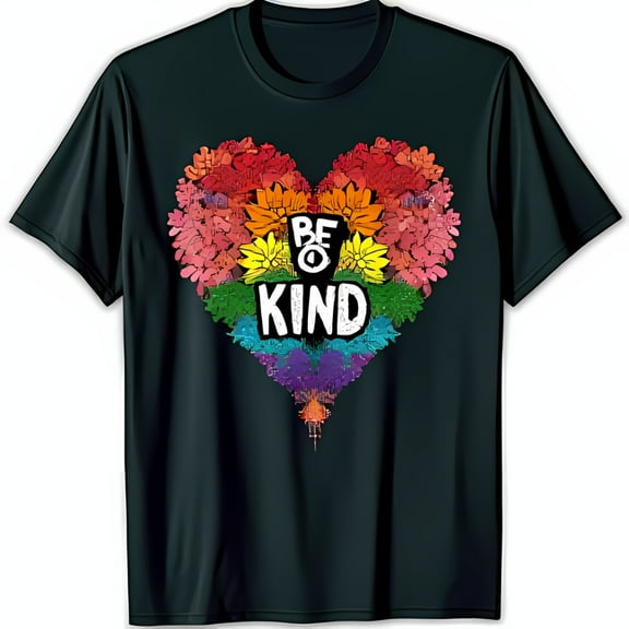 Be Kind Black T-Shirt with Colorful Heart & Flower Graphic Design