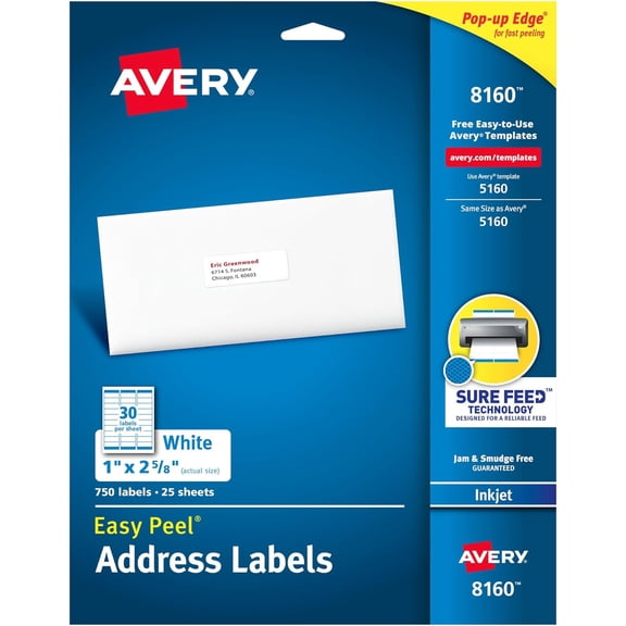 Easy Peel Printable Address Labels with Sure Feed, 1" x 2-5/8" Customizable Stickers, White, 750 Blank Mailing Labels, Great for Mailing, Shipping, and More (8160)