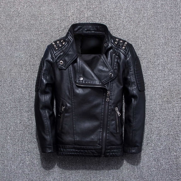 Boys Girls Spring Motorcycle Leather Jackets with Oblique Zipper Studded Kids Jacket Coat Black 9-10 Years