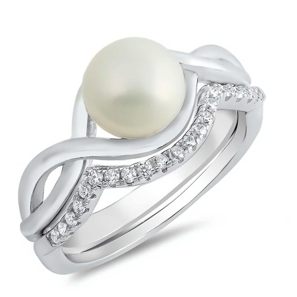 Glitzs Jewels 925 Sterling Silver CZ Cubic Zirconia Simulated Pearl Ring for Women Clear CZ 