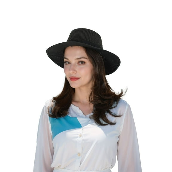 Wide Brim Straw Fedora Sun Hat with Black Band Lightweight Packable Summer Panama Hat for UV Protection - Black