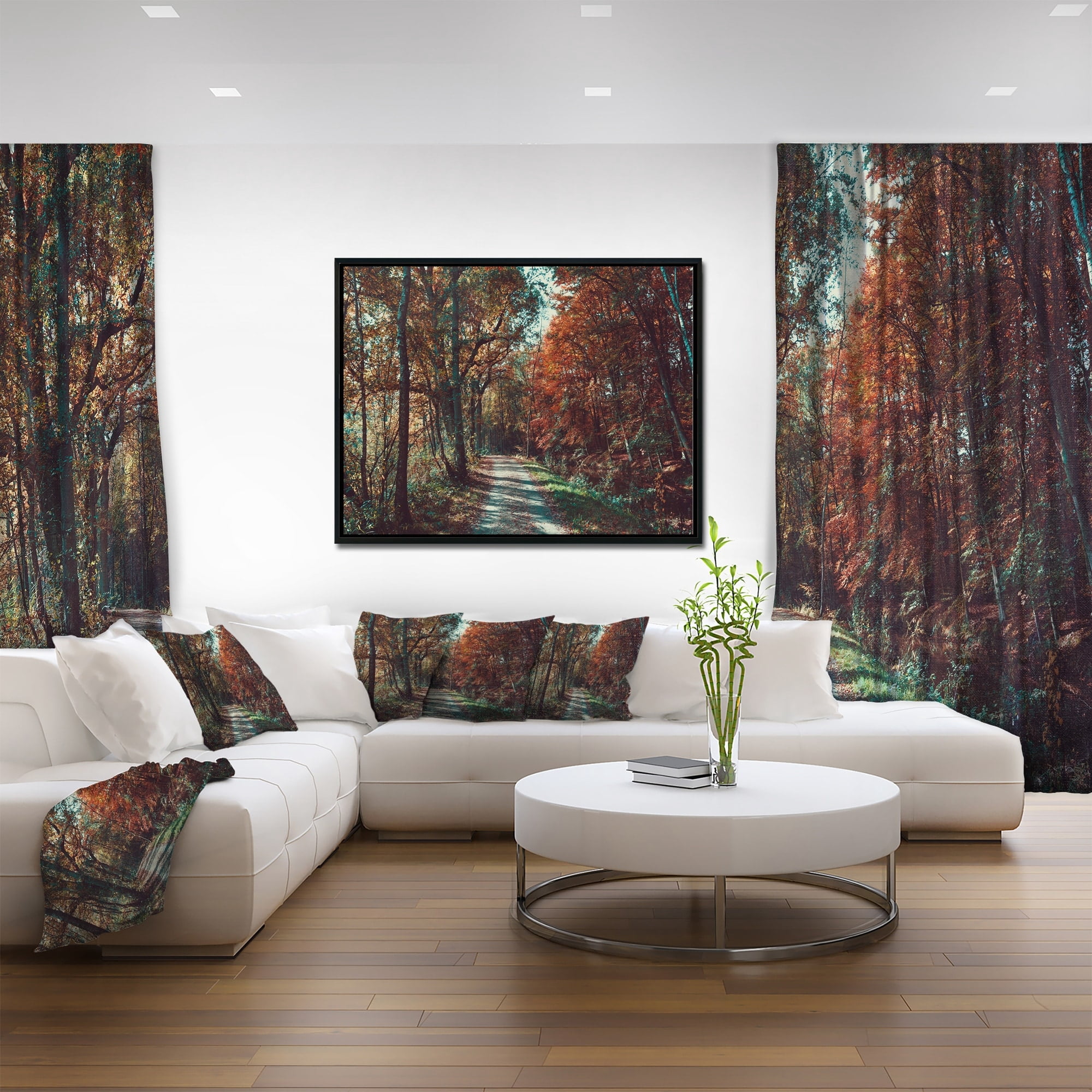 Designart ' Road Through Red Fall Forest ' Landscape Photo Framed Canvas Art Print