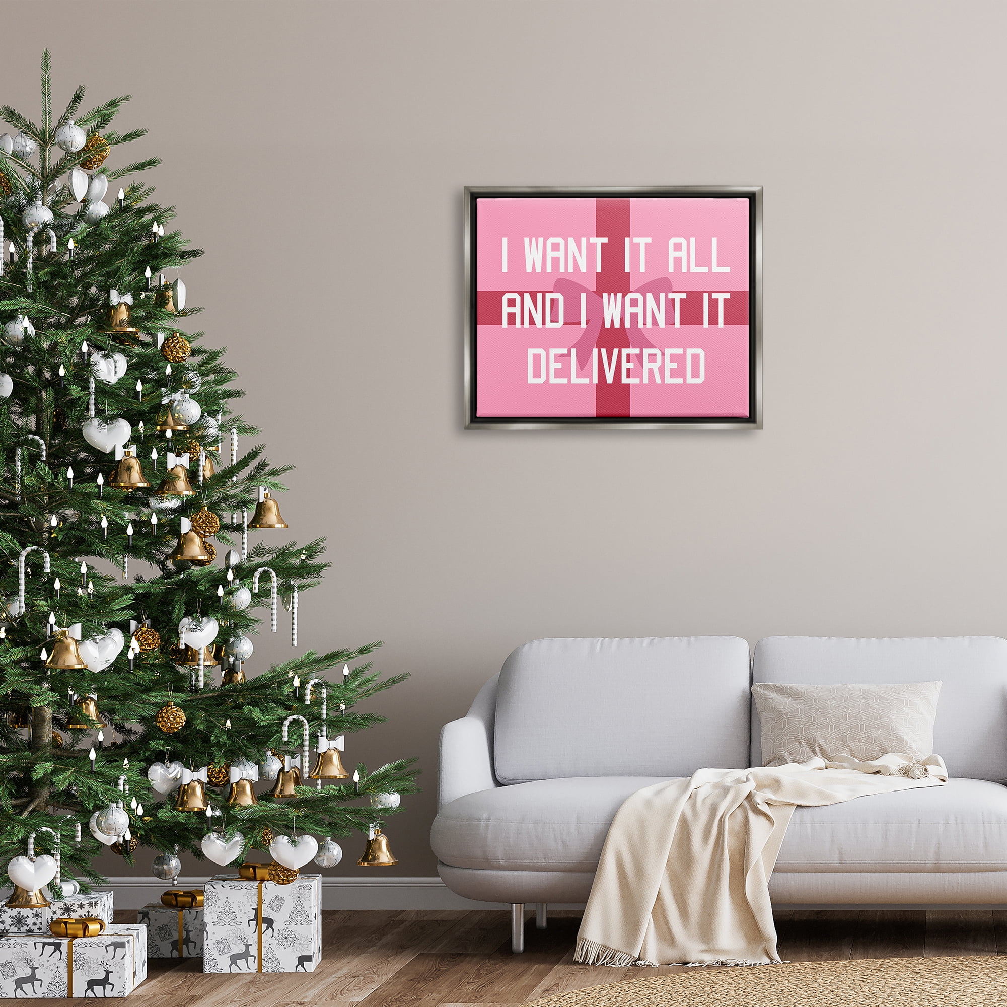 Stupell Industries Funny Want Gifts Delivered Holiday Painting Gray Floater Framed Canvas Art Print Wall Art, 31 x 25