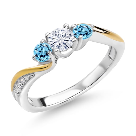 Gem Stone King 925 Silver and 10K Yellow Gold Moissanite Swiss Blue Topaz and Lab Grown Diamond 3 Stone Engagement Ring for Women (0.56 Cttw, Gemstone Birthstone, Size 7)