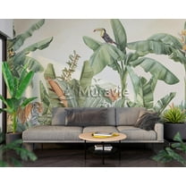 Modern Tropical Bedroom Wallpaper,Leaves and Parrots Wallpaper