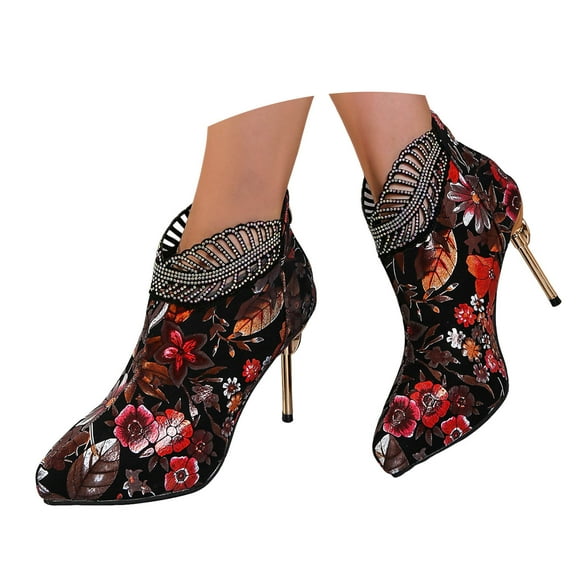 Dakaela Women's Stiletto High Heel Ankle Booties Pointy Toe Floral Dress Pumps Short Ankle Boots Shoes