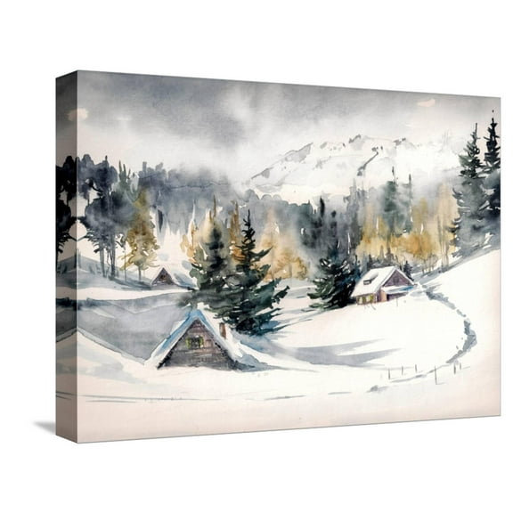 Art.com Winter Landscape with Mountain Village Covered with Snow. Picture Created with Watercolors on Paper Stretched Canvas Print Wall Art by DeepGreen, 16" x 12"