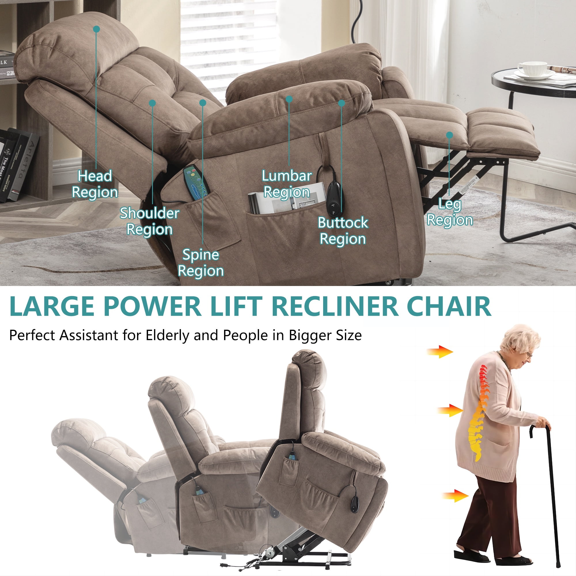 26 Inch Wide Seat Recliner Chair for Adults and Elderly, UHOMEPRO Oversized Power Lift Recliner Chair with Heat and Massage, Overstuffed Headrest, 350 lb Capacity, Beige