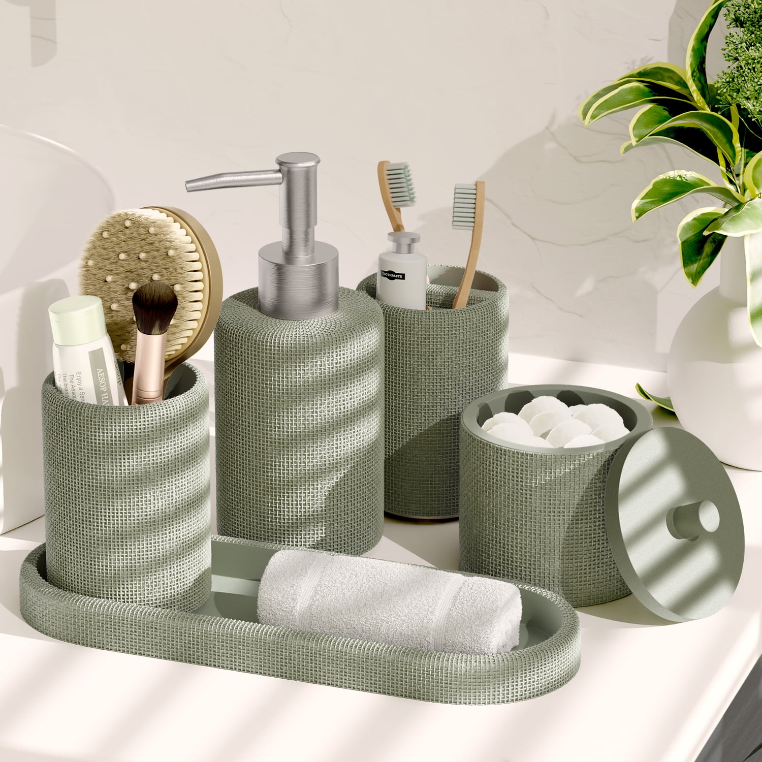 Hearth & Harbor 21 Piece Bathroom Sets with Shower Curtain and Rugs and Accessories, Sage Green