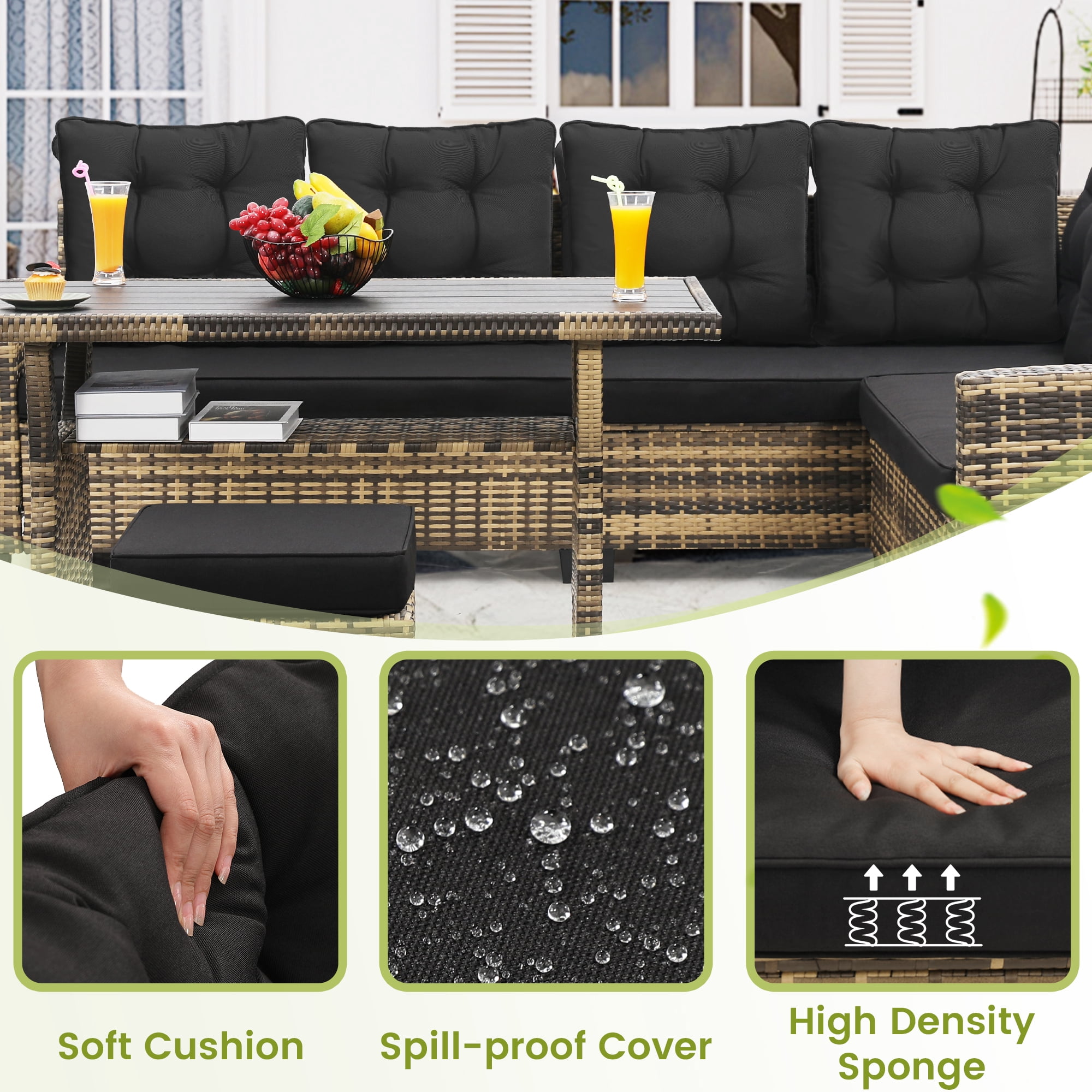 Melocadol 6 Piece Patio Sectional Set, Outdoor Conversation Furniture Set with 2 Sofas, 2 Ottoman, Table, Perfect for Patio, Deck or Poolside, Natural Wicker and Black Cushions