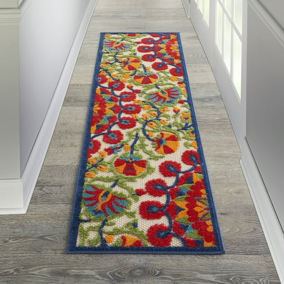 Nourison Aloha Indoor/Outdoor Contemporary Botanical Red/Multi 2' x 6' Area Rug, (6' Runner)