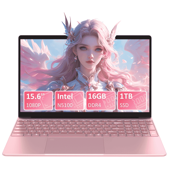 Pryloxen 15.6" Laptop, Win11 Pro, N5100 Processor, 16GB Ram 1TB Ssd, Backlit Keyboard, Fingerprint Unlock,Pink