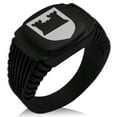 thumbnail image 1 of Stainless Steel Castle Protection Coat of Arms Shield CZ Ribbed Needle Stripe Pattern Biker Style Polished Ring, 1 of 1