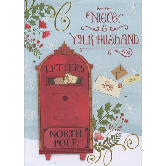 Designer Greetings Antique Red 3D Die Cut North Pole Postal Box Hand Decorated Christmas Card for Niece and Husband
