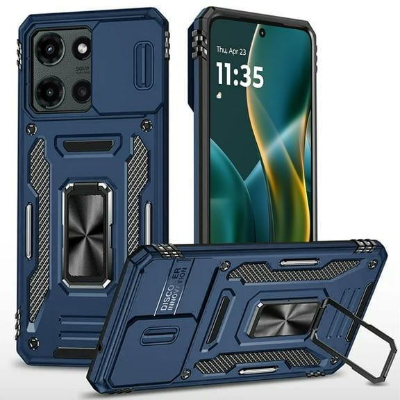 Military Grade Ring Holder Case with Camera Lens Cover for Motorola Moto G Stylus 2025 - Navy Blue
