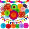 Homgreen Fiesta Paper Fan Party Decorations Set - Cinco De Mayo Pom Poms,Pennant,Garland String,Banner,Hanging Swirls Decor Supplies（Multicolored),33PCS