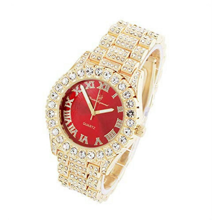 Women s Big Rocks Bezel Colored Dial with Roman Numerals Fully Iced Out Watch ST10327LA Gold Red