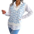 thumbnail image 1 of Suéter con cuello en V para mujer, chaleco con patrón de corazón dulce, suéter sin mangas, dobladillo acanalado, prendas de punto informales, Tops azul M, 1 of 8
