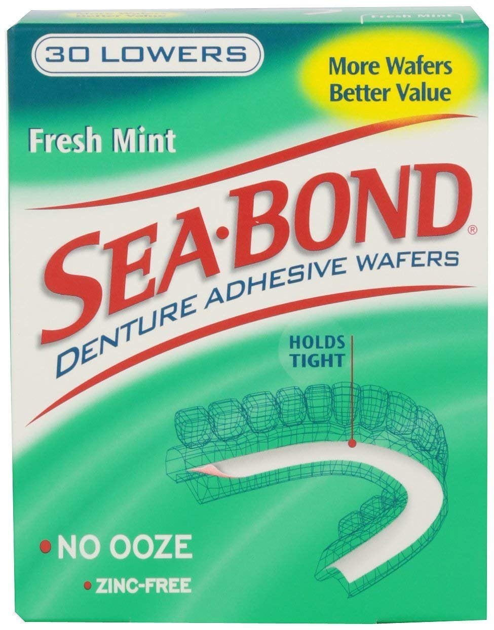 Sea-Bond Denture Adhesive Wafers Lowers Fresh Mint, 30 Count, Pack of 2