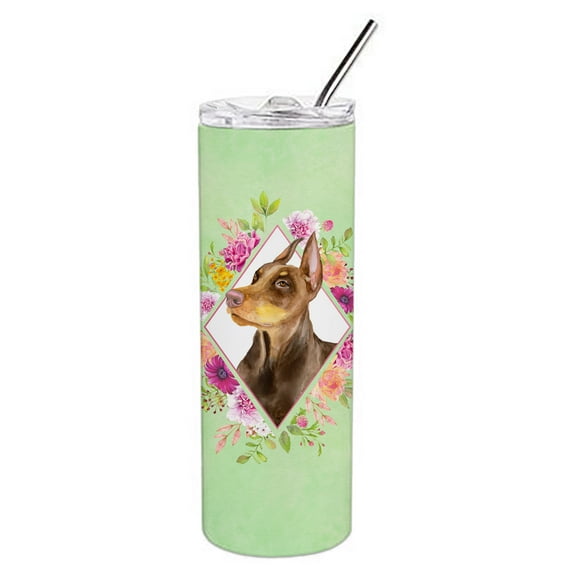 Carolines Treasures CK4298TBL20 Doberman Pinscher Green Flowers Stainless Steel 20 oz Skinny Tumbler 20 oz multicolor