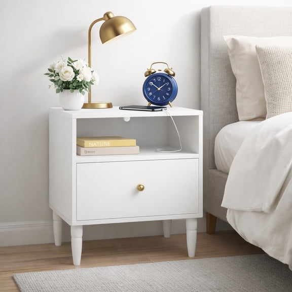Noble House 20" Nightstand with Drawer and Open Shelf, Modern Bedside Table, Small End Table for Bedroom, White