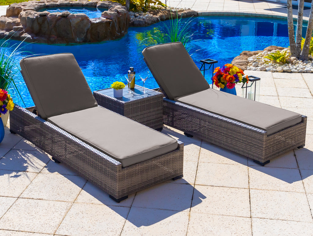 Sorrento 3-Piece Resin Wicker Outdoor Patio Furniture Chaise Lounge Set in Gray w/ Two Chaise Lounge Chairs and Side Table (Flat-Weave Gray Wicker, Sunbrella Canvas Taupe) - image 1 of 3