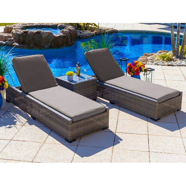 Sorrento 3-Piece Resin Wicker Outdoor Patio Furniture Chaise Lounge Set in Gray w/ Two Chaise Lounge Chairs and Side Table (Flat-Weave Gray Wicker, Sunbrella Canvas Taupe)