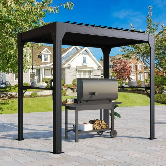 8 x 5.2 FT Grill Pergola Gazebo with Adjustable Louvered Roof, BBQ Gazebo with 2 Shelves and Rain Gutter, Waterproof Aluminum Outdoor Hardtop Gill Gazebo Shelter for BBQ, Backyard & Patio