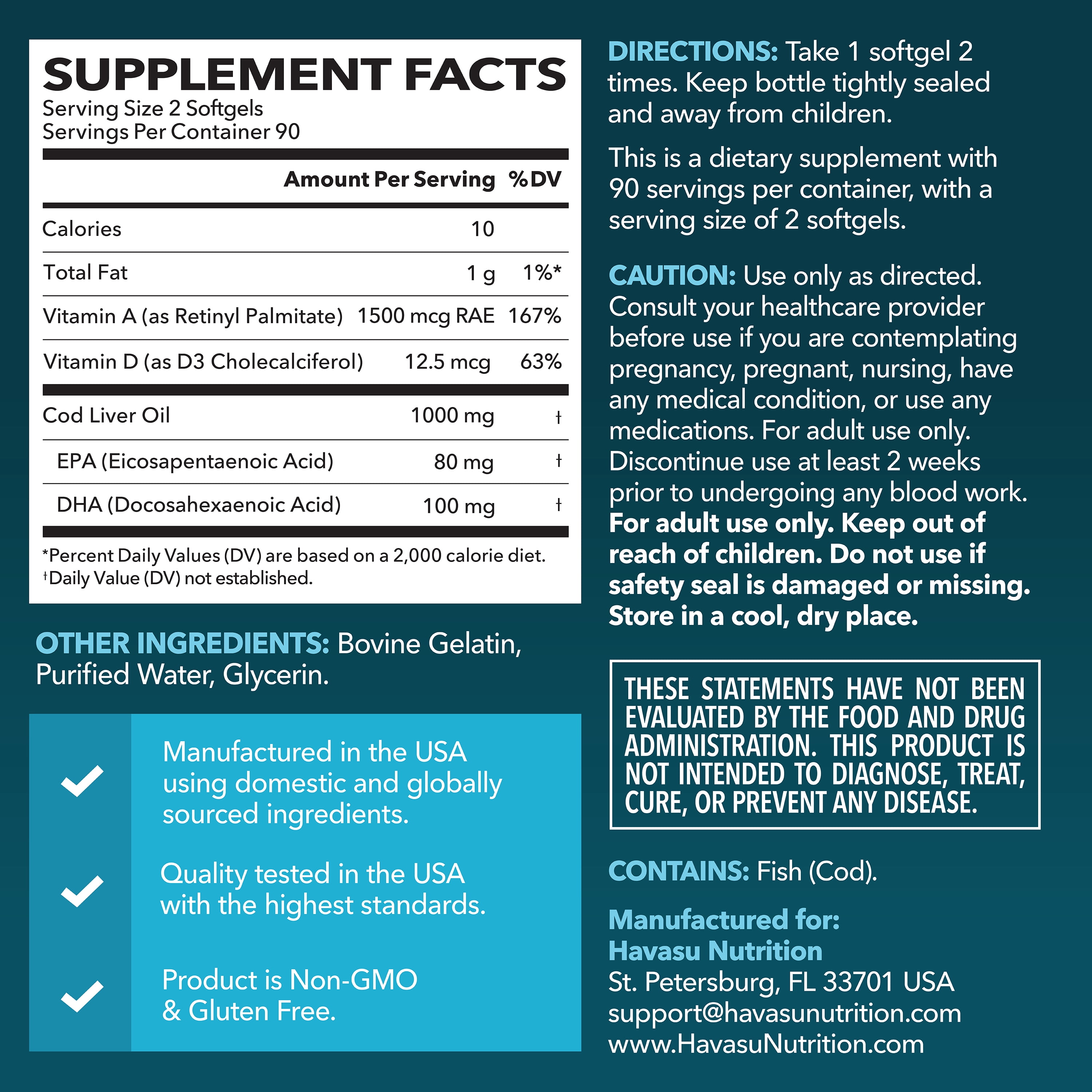 Havasu Nutrition Cod Liver Oil Softgels with Omega 3, EPA, & DHA, Fish Oil with Vitamins A and D3, 1000mg, 180 Count