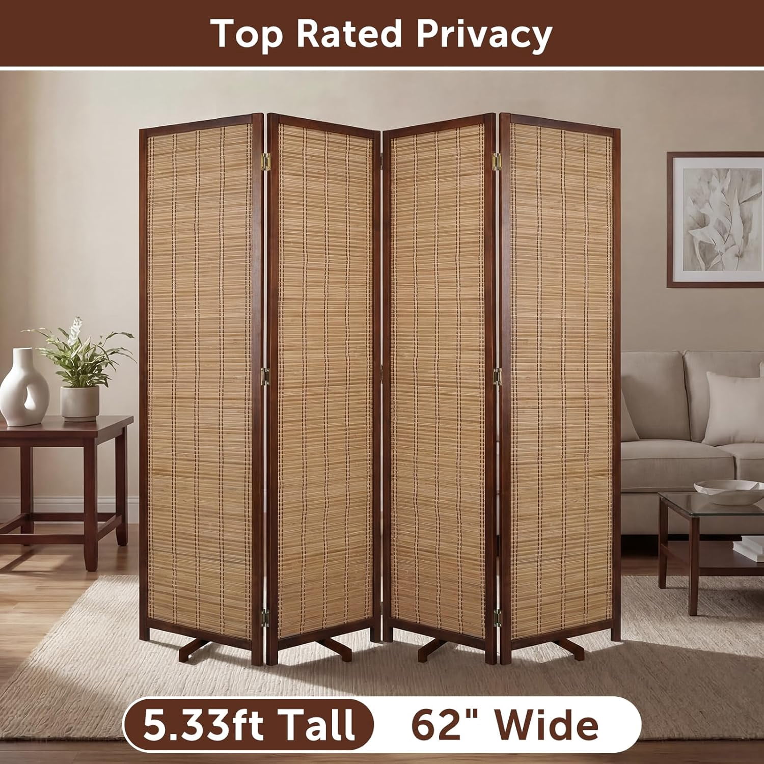 Olela Folding Bamboo Room Divider, 4 Panels Decorative Screens Wall Divider for Room Separation, 5.4ft Height Freestanding Privacy Partition for Living Room, Bedroom & Office, No Assembly