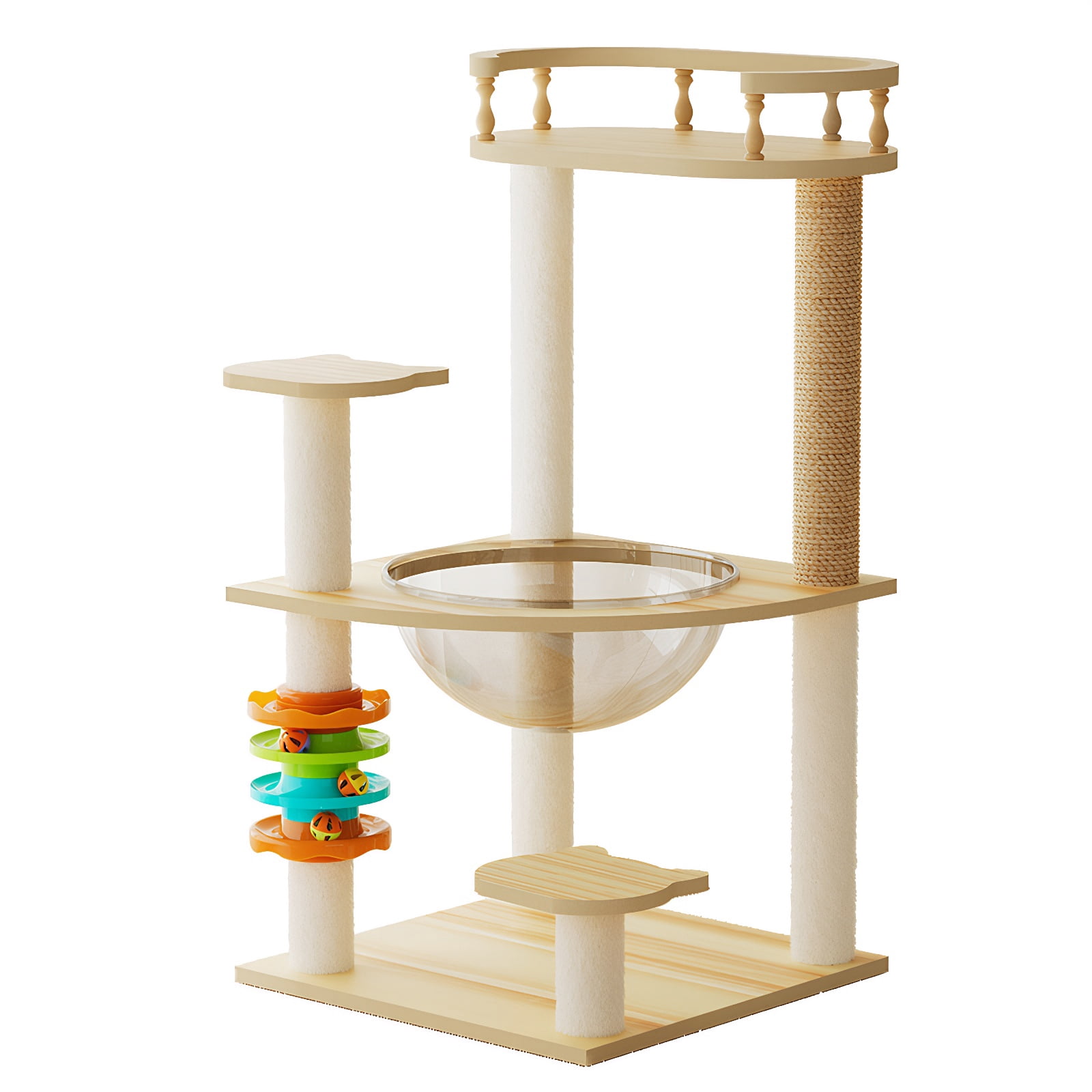 32.2 Inch Modern Wood Cat Tower, Cat Tree with Sisal Scratching Posts, Top Perch, Acrylic Hammock & Toys, Indoor Activity Condo for Small Large Cats